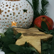 Handkunstwerke-zur-Weihnachtszeit-web.jpg Eine weiße Laterne mit Sternenmustern leuchtet sanft neben einem roten Granatapfel und grünen Zweigen.