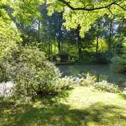 Teich im Park Engelsberger Hof Teich im Park Engelsberger Hof umgeben von üppigem Grün und schattigen Bäumen an einem sonnigen Tag.