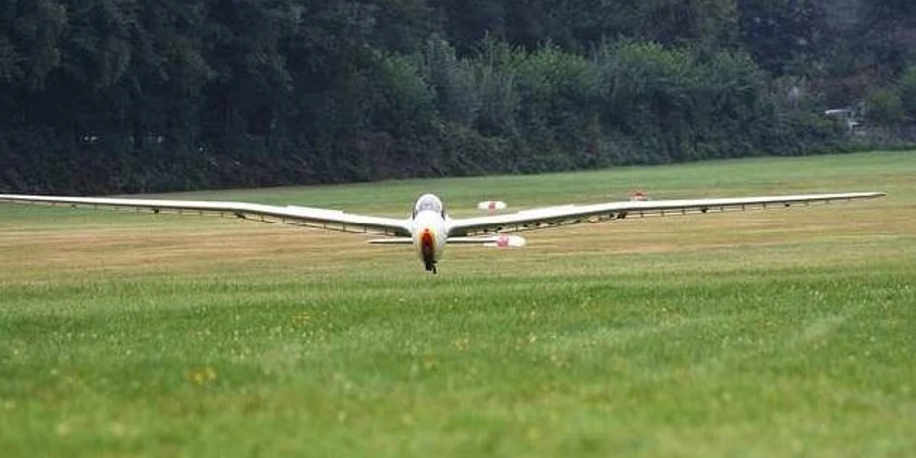 LSG Erbslöh Ein Segelflugzeug im Landeanflug auf eine grüner Landingstrip mit Waldrand im Hintergrund.