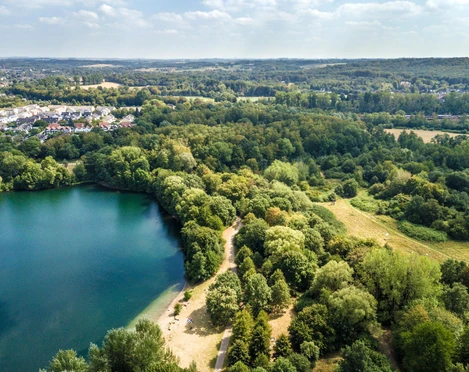 Blick auf den Grünen See bei Ratingen Luftaufnahme eines grünen Sees inmitten von dichtem Wald und angrenzenden Wohngebieten bei Tageslicht.