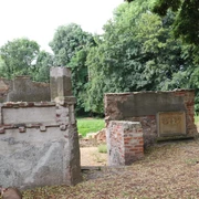 Ruine der Ellerburg mit stark überwachsenen Mauerresten, umgeben von dichten Bäumen und Gras.