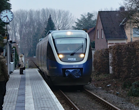 Ein moderner Zug der NordWestBahn erreicht den Bahnhof Schloß Neuhaus an einem bewölkten Tag.