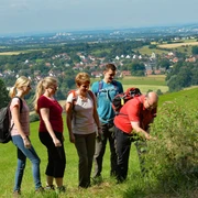 Aussichtspunkt Papenberg Eine Gruppe wandert auf einem grünen Hügel mit Fernblick auf eine Kleinstadt und bewaldete Gebiete.