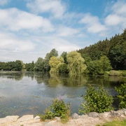 Paddelteich Bad Wünnenberg Ein ruhiger Teich umgeben von Bäumen und bewölktem Himmel in Bad Wünnenberg, perfekt für Entspannung.