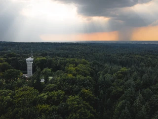 Wingst Aussichtsturm Deutscher Olymp Aussichtsturm Deutscher Olymp ragt aus dichtem Wald, Sonnenstrahlen brechen durch Wolken.