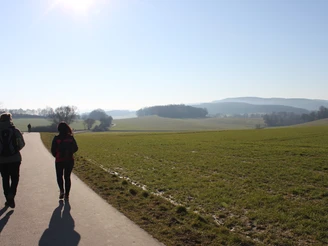Von Fachwerk zu Fachwerk Zwei Menschen spazieren auf einem ländlichen Weg, umgeben von weiten Wiesen und sanften Hügeln.