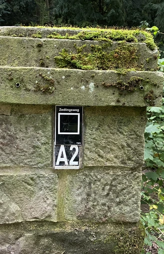 Steinbrücke mit moosbewachsenem Pfeiler des Zedlingswegs, umgeben von üppiger Waldvegetation.
