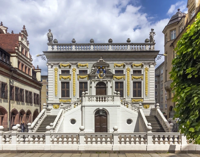 Alte Handelsbörse auf dem Naschmarkt - Sehenswürdigkeiten in Leipzig Blick auf die Alte Handelsbörse auf dem Naschmarkt nahe des Alten Rathaus, Messestadt, Kultur, Sehenswürdigkeiten, Geschichte