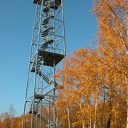 Hochhalde in Rötha - Sehenswürdigkeiten in der Leipzig Region Der stählerne Aussichtsturm ragt aus den Baumwipfeln heraus, Ausflugsziel