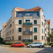 Bülowviertel Leipzig - Architektur in Leipzig Blick auf eine Häuserecke und zwei davon abgehende Straßenzüge im Bülowviertel bei Sonnenschein und blauen Himmel, Architektur, Gründerzei