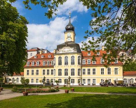 Gohliser Schlösschen - Gastronomie in Leipzig Blick auf das Gohliser Schlösschen im Sommer, dass eine wahre Sehenswürdigkeit von Leipzig ist und in dem sich auch eine Restaurant befindet, Gastronomie in Leipzig, Veranstaltungen, Architektur, Kultureinrichtung, Park