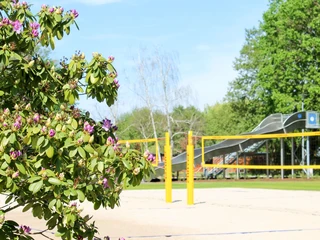 Beachvolleyball im NaturSportBad Bad Düben - Freibäder in der Leipzig Region Rechts hinter einem blühenden Busch ragt das Beachvolleyballfeld des NaturSportBad mit Camp in Bad Düben hervor, im Hintergrund ist die Breitwellenrutsche sehen, Freizeit, Spaß