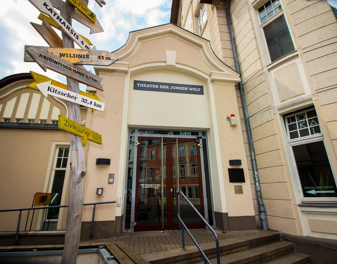 Theater der Jungen Welt Leipzig - Kultur in Leipzig Blick auf den Eingang des Theaters der Jungen Welt mit verschiedenen Wegweisern links davon, Kultur, Schauspiel, Theater, Freizeit