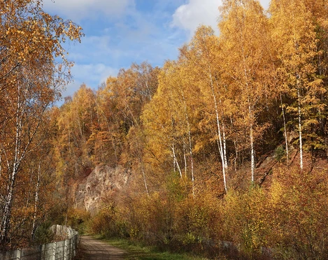 Herbstlicher Spaziergang entlang der Grube 7 bei Haan-Gruiten Bunter Herbstwald mit Weg und blauem Himmel bei Grube 7 in Haan-Gruiten.