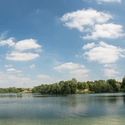 Grüner See im Erholungspark Volkardey in Ratingen Ein klarer See umgeben von dicht bewaldeten Ufern, mit einem strahlend blauen Himmel darüber.