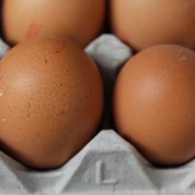 Eier  Frische braune Eier liegen nebeneinander in einer gestapelten, grauen Eierpappe aufgereiht.