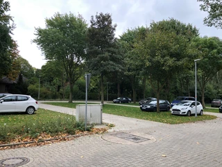 Wohnmobilstellplatz Bücken Wohnmobilstellplatz umgeben von Bäumen, mit geparkten Autos und gepflasterten Wegen im Grünen.