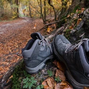 Wanderstiefel ruhen auf moosbedecktem Baumstumpf, umgeben von Herbstlaub auf einem Waldweg.