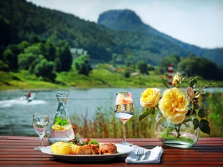 Elbhotel Bad Schandau Ein gedeckter Tisch mit einem Teller Essen, einer Karaffe Wasser und einem Glas Wein steht vor einer Flusslandschaft mit gelben Rosen im Vordergrund.