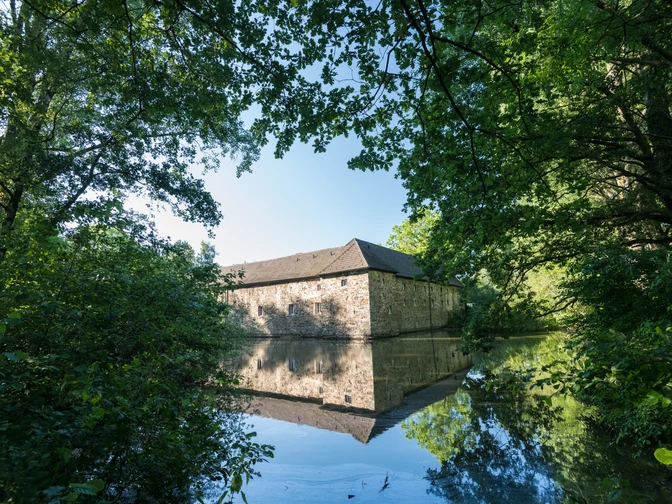 Wasserburg Haus Graven in Langenfeld Wasserburg Haus Graven in Langenfeld: Umgeben von Wassergraben, Bäumen und historischer Architektur.