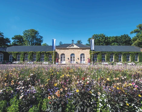Brunnenarkaden im Gräflichen Park Bad Driburg Bunte Blumen blühen vor der Brunnenarkade im Gräflichen Park.