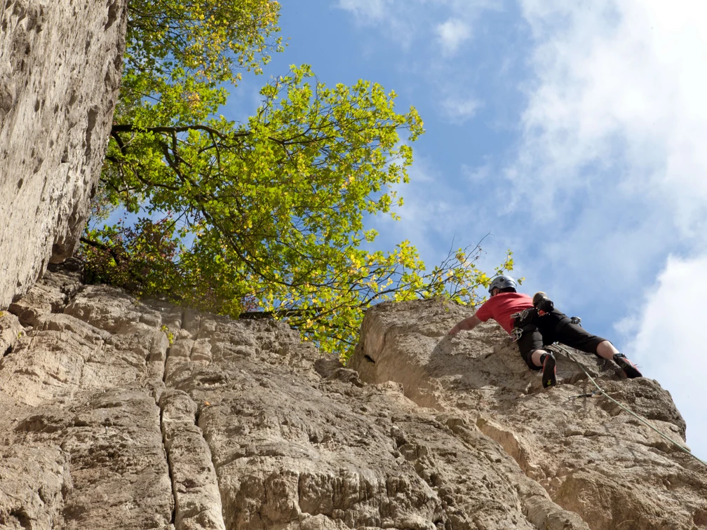 Klettern im Bochumer Bruch in Wülfrath Ein Kletterer erklimmt die steile Felswand im Bochumer Bruch in Wülfrath unter einem klaren Himmel.