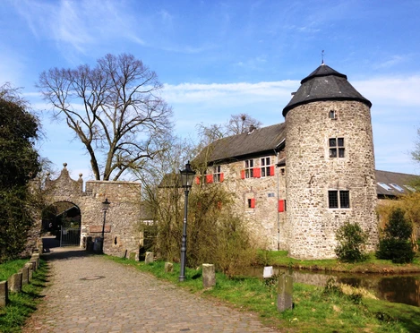 Wasserburg Haus zum Haus in Ratingen Wasserburg mit rundem Turm, von Bäumen umgeben, blauer Himmel und Kopfsteinpflasterweg im Vordergrund.