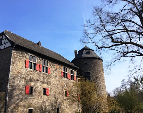 Wasserburg Haus zum Haus in Ratingen Historische Wasserburg aus Naturstein mit Rundturm und roten Fensterläden unter klarem blauen Himmel.