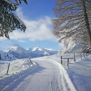 Sentier de randonnée hivernale avec vue sur la fin de la vallée