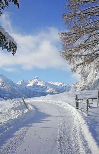 Winter hiking trail with a view of the end of the valley