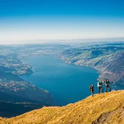 Hiking group on the way to Morgenberghorn, with Lake Thun in the background
