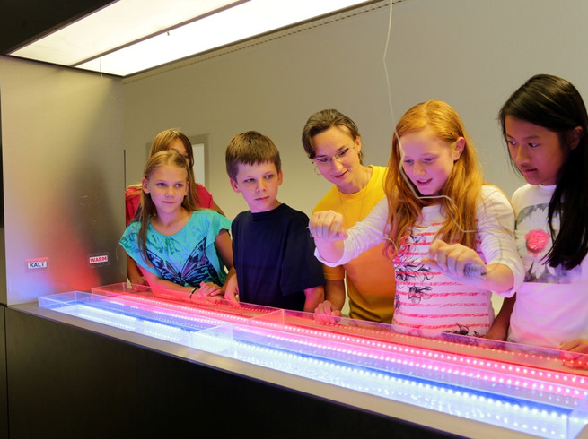 4 Kinder stehen vor einem Experiment, ein Mädchen hält einen Draht in der Hand und alle anderen Personen schauen gespannt auf sie, Freizeit-Museum-Leipzig-mit-Kindern