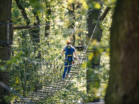 Blick auf einen Mann, der durch die Baumwipfel im Kletterwald Leipzig am Albrechtshainer See klettert, Abenteuer, Freizeit, Familienausflug 