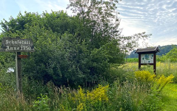 Hinweisschild und Schautafel am alten Schafstall anno 1750