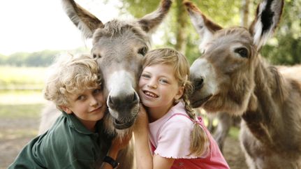 Zwei Kinder mit Eseln im LandPark Lauenbrück