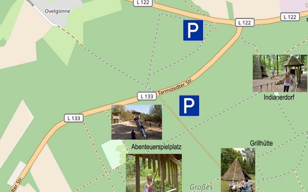 Übersichtskarte mit Anfahrtswegen und Parkmöglichkeiten
