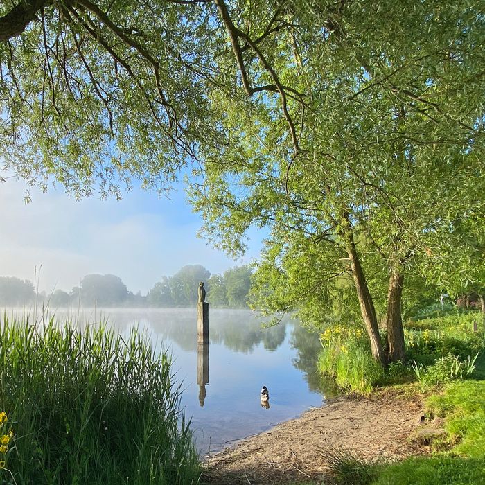 Der Vörder See mit Seemann im Morgennebel