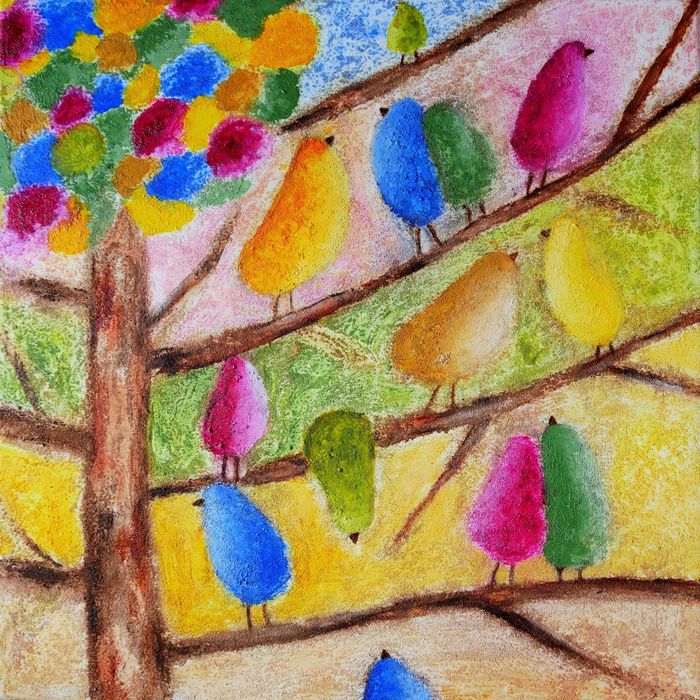 Der Lebensbaum“ nennt sich dieses farbenfrohe Bild mit den quirligen Vögeln.