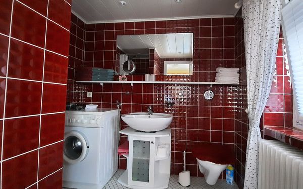 Im roten Bad befindet sich eine Dusche und die Waschmaschine