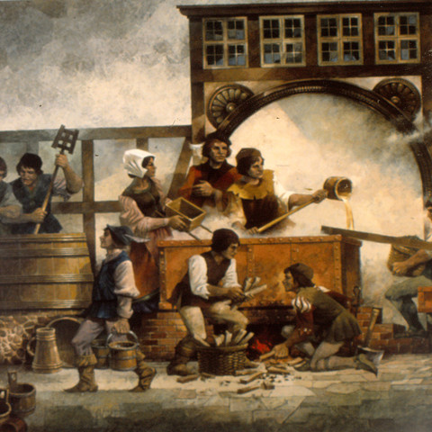 Darstellung eines Brauvorgangs im 13 Jhd.Display of a brewing process around 13th.