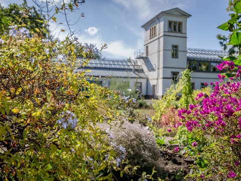 Blick auf das weiße Hauptgebäude des Botanischen Garten, umrahmt von bunt blühenden Sträuchern, Kultur, Natur, Bildung, Freizeit