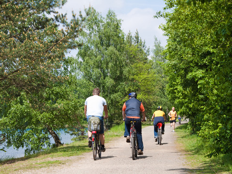 Eine Gruppe Radfahrer fährt auf asphaltiertem Weg am Rande eines Sees , Natur, Aktiv, Region