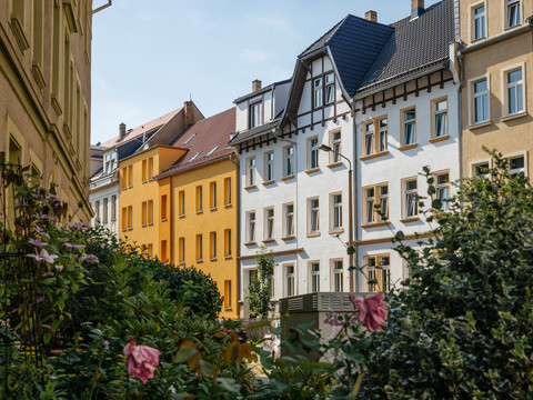 Blick auf bunte Altbaufassaden im Bülowviertel, gerahmt von Sträuchern und Büschen im Sommer, Architektur, Gründerzeit, Kultur