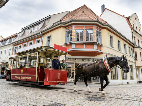 Eine Pferdestraßenbahn fährt eine Familie durch die historische Döbelner Innenstadt, Familie, Ausflug, Kinder