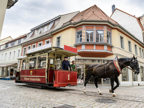 Eine Pferdestraßenbahn fährt eine Familie durch die historische Döbelner Innenstadt, Familie, Ausflug, Kinder