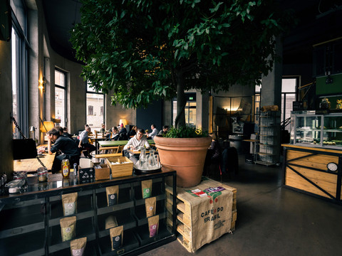 Blick in das große Franz Morish Café, mit Fokus auf den Sitzbereich, die Einrichtung, Bepflanzung und das Ambiente des Lokals