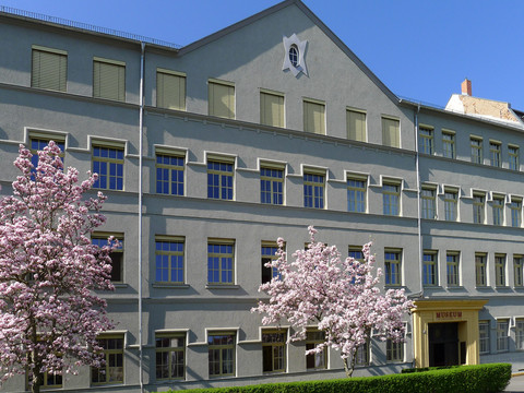 Blick auf das Gebäude des Museums für Druckkunst in Plagwitz vor dem zwei Kirschbäume blühen