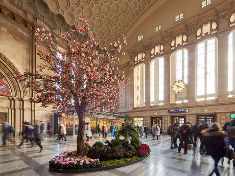 Magnolienbaum und Osterdekoration in der hellen und großen Osthalle des Hauptbahnhofes Leipzig